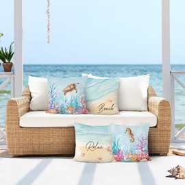 COZZSNUGE Summer Ocean Beach Cushion Covers Sea Turtle Seahorse Coral Coastal Velvety Decorative Pillowcases for Sofa Bed Home Patio 45 x 45 cm Set of 4