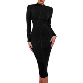 whoinshop Women's Cross Strap Ribbed Bandage Long Sleeve Midi Fall Winter Bodycon Party Dress (L, Black)