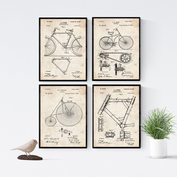Nacnic set of 4 bicycle vintage patent sheets | old invention of bike parts and biking tools in brown beige background | a4 size | decoration for room, walls, office, business...