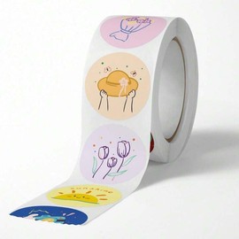 Dekorative Aufkleber, rund, 1000 Stück (2 x 500), 4 cm, Design Kawaii, Blumen und positive Botschaften, ideal für Weihnachtsfeiern