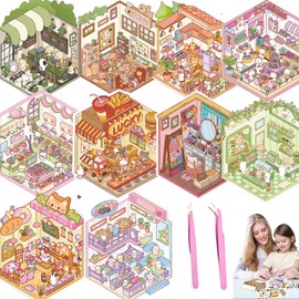 DIY 3D House Stickers Kit Non-Toxic & Safe 3D Miniature Scene Therapy for Kids and Adults Stress Relief Sticker Scenes with Tweezers Fun & Reusable DIY Sticker Therapy Kit for Age 3+ (10Set-2)