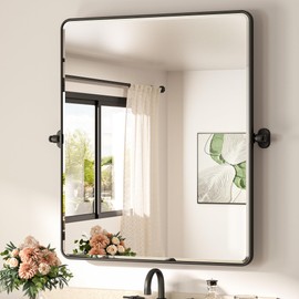 TETOTE Matte Black Pivot Bathroom Mirror 30 x 36 Tilting Beveled Rectangle Metal Framed Mirror, Farmhouse Adjustable Tilt Rounded Corner Rectangular Vanity Mirror, Horizontal/Vertical, Easy to Install