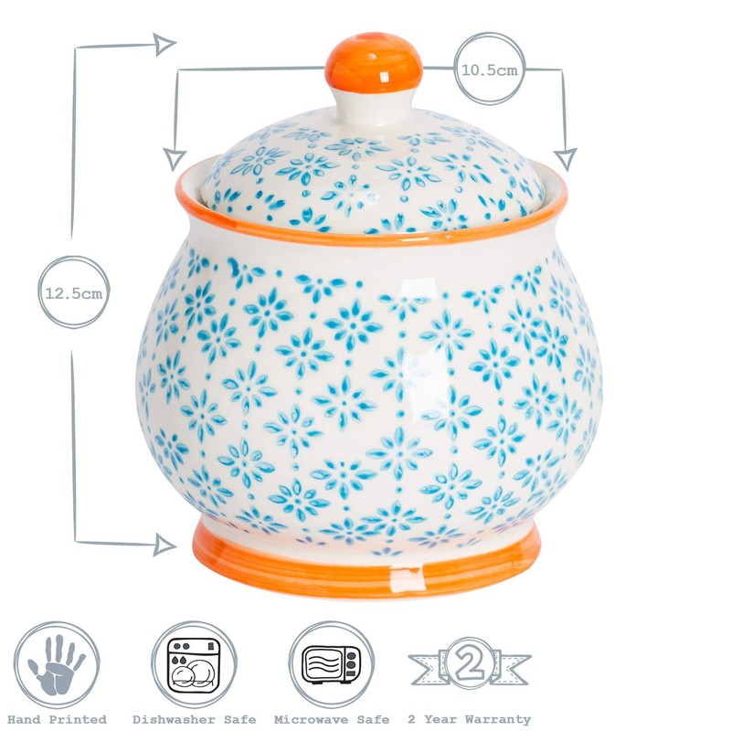 Patterned Sugar Bowl/Pot with Lid - Blue/Orange
