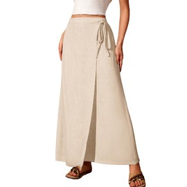 ELLEVEN Women's Linen Long Wrap Skirt Flowy Trendy Summer Elastic Waist Maxi Ankle Length Casual High Waisted A Line Vintage Sexy Boho Low Ries Midi Beach Vacations Skirts Beige Medium
