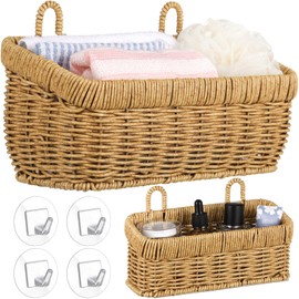 Tioncy 2 Pcs Woven Hanging Wall Baskets for Storage Boho Style Hanging Storage Baskets Plastic Woven Baskets with 4 Hooks for Kitchen Garden Living Room