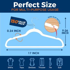 Premium Velvet Non-Slip Hangers for Clothes - Heavy Duty Coat Hanger Set with 360° Swivel Hook, Lightweight, Luxurious Velvet Finish, Versatile Hangers for Any Closet, Pack of 150 - White