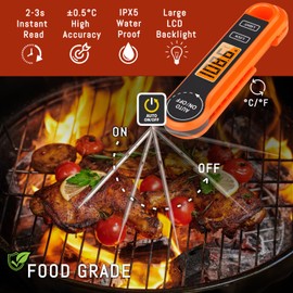 K-MART Meat Thermometer with Foldable Food Temperature Probe, Waterproof Food Thermometer with Backlight LCD Screen & Auto On/Off, Cooking Thermometer for Meat, BBQ, Water, Milk, Cooking Food (Orange)