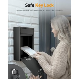 Uniclife Wall Mount Mailbox for Outside, Locking Mailbox, Large Mailbox with Key Lock, Security Mail Box for House, Safe Key Drop Box, Post Box, Steel Cash Drop Box for Home Office School, Black