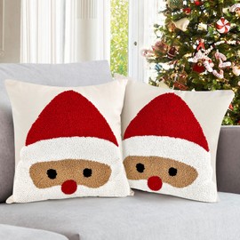18x18 Inches Canvas Christmas Pillow Covers Set of 2, Santa Loop Pile Throw Pillows Cases Xmas Decor for Couch Sofa Bedroom Living Room Home, Holiday Decorative Pillows Covers Gifts for Women Men