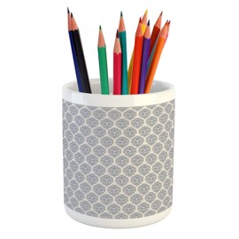 Ambesonne Abstract Pencil Pen Holder, Eastern Pattern of Shapes and Dots, Ceramic Pencil Holder for Desk Office Accessory, 3.6" X 3.2", Champagne Pale Eggplant
