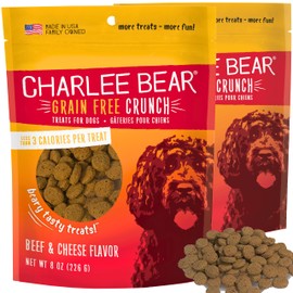 Charlee Bear Dog Treats Small Dogs Training Treats Crunchy Low Cal, Grain Free Dog Treats, USA, Puppy Training Treats, Beef and Cheese, 2 Pack, 8oz Ea