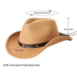 Jastore Sombrero de vaquero occidental para niños y niñas, con hebilla y cinturón de fieltro, sombrero Fedora, Camello, 4-12 años