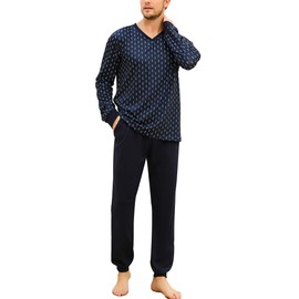Bresdk Men's Long Winter Cotton Sleepwear Men's Gift, Blue print pattern