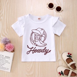 GLIGLITTR Toddler Baby Girl Bell Bottom Outfit Set Western Cowgirls Short Sleeve Tee+Boho Flared Pants 2pcs Summer Clothes(5-6T,White-B)