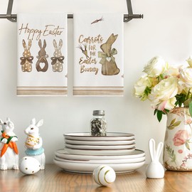 Artoid Mode Rabbit Rabbit Happy Carrots Easter Kitchen Towels Tea Towels, 42 x 65 cm, Easter Spring Decoration, Polyester Hand Towels, Set of 2