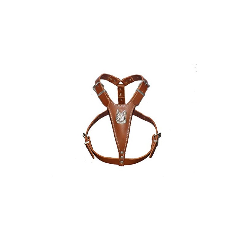 Brown Medium Leather Dog Harness with French Bulldog Head Motif