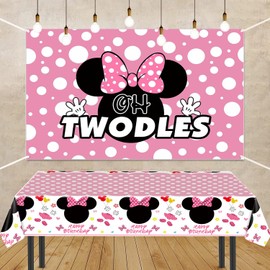 Nyhpar 3 Packs Pink Mouse Tablecloth, Pink Polka Dot Table Cloths Disposable Plastic Cartoon Table Covers for Girls 1st 2nd 3rd Party Decorations Supplies, 86.6 x 51.2in