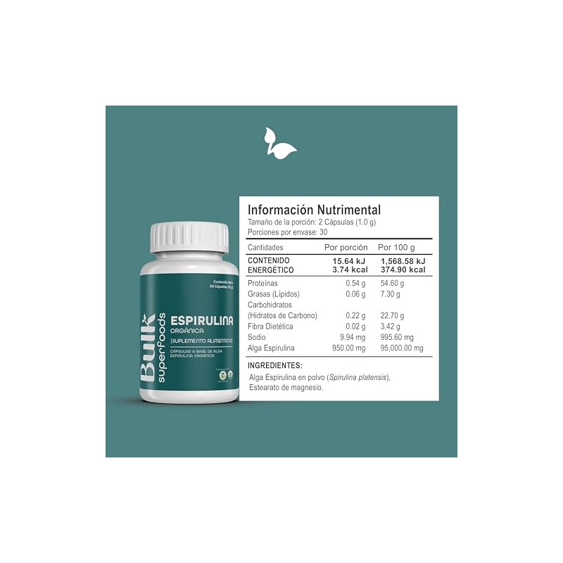 Bulk Superfoods Espirulina Orgánica 100 Natural Cápsulas 500 Suplemento Alimenticio
