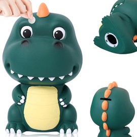 Children's Dinosaur Money Box with Dino Money Box Children's Piggy Bank in Dino Look, Money Box for Girls Boys, Great Gift Idea for Birthday, School and Other Occasions (Green)