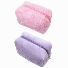 Kopida 2Pcs Plush Makeup Bag Cosmetic Bag for Women, Zipper Medium Solid Color Travel Toiletry Bag Cute Soft Make Up Bag Storage Pouch Pencil Case, Pink,Purple