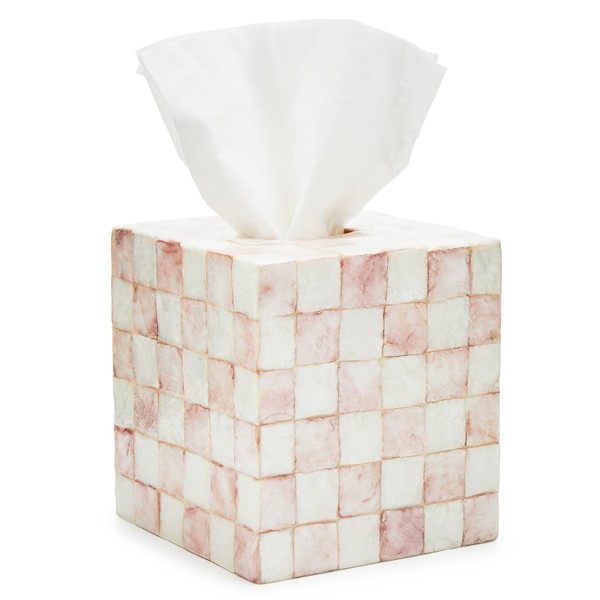 MACKENZIE-CHILDS Boutique Square Capiz Tissue-Box Cover, Decorative Tissue Holder, Pink-and-White