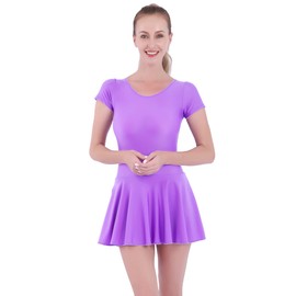 Aoylisey Women's Short Sleeve Ballet Dance Skirted Leotard Gymnastics Bodysuits Ballerina Outfit (Violet, Large)