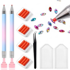 2 Pcs Rotating Rhinestone Picker Pen Set with 12 Wax Refills, 2 Rhinestone Sorting Trays & Curved Tweezers, Dotting Tool for Nail Art, Fuse Melty Craft Beads & DIY Handcraft Decoration