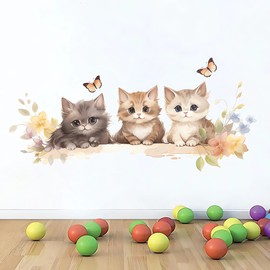 Cozy Kittens Wall Stickers, sacinora Cute Cartoon Cat Butterfly Art Wall Decals Removable Vinyl Peel and Stick for Baby Boy Girl Nursery Living Room Bedroom Toddler Room Kindergarten Home Decorations