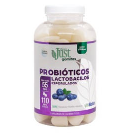 Probióticos Premium JustBiotics 110 gomitas con 100 millones de Lactobacilos Esporulados, Sabor Arándano.
