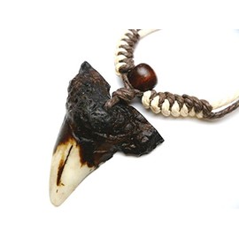 Aloha Passion Buffalo Bone Powder Shark Teeth Pendant with Adjustable Hemp Cord Necklace