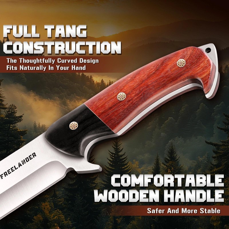 Hunting Knife with Leather Sheath, Full Tang Fixed Blade Knife