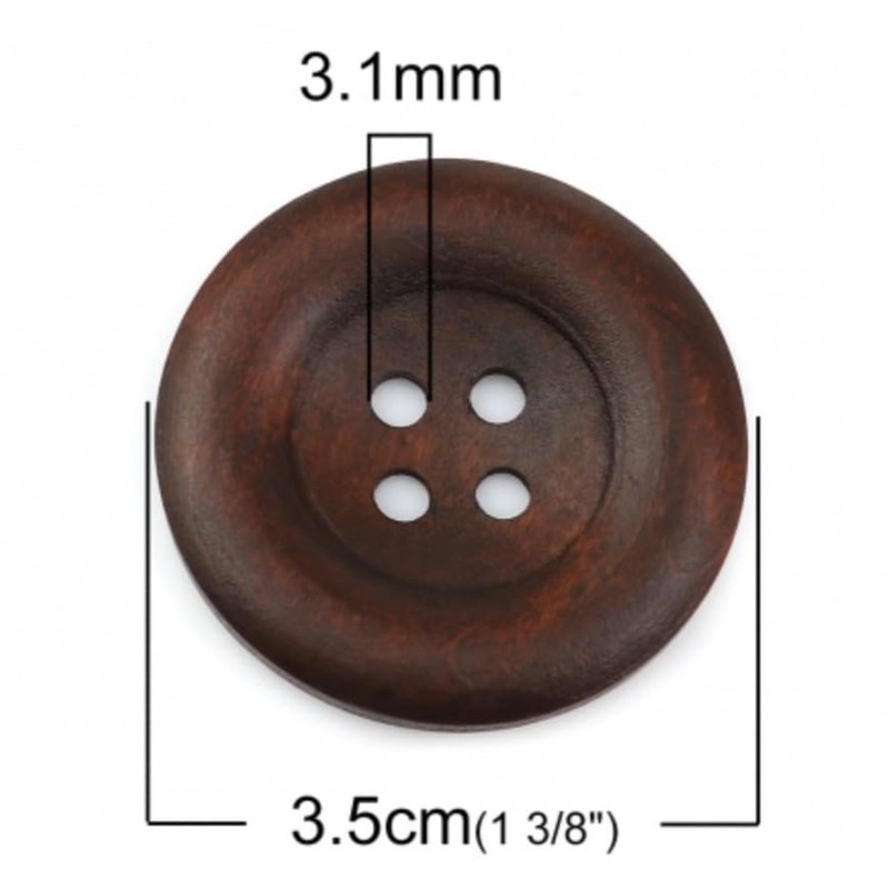 Pack of 15 Elegant Wooden Buttons 35 mm 4-Hole Round