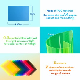 IHOUONE Pack of 22 Colour Films, Gel Colour Filter Film, Transparent Colour Filter Film, Colour Correction Colour Filter, Film for Lamp, Headlight, Photo Studio, Strobe LED, 29.7 x 21 cm