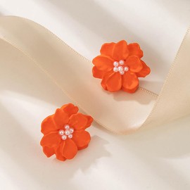 Exaggeration Boho Pearl Flower Stud Earrings for Women,Camellia Flower White Pearl Beads Blosson Stud Earrings Wedding Holiday Jewelry Gifts (ORANGE)