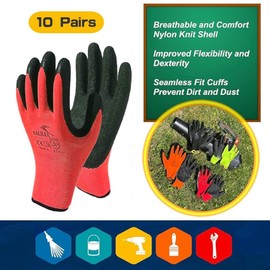 OTECKO Safety Work Gloves with Latex Rubber Coating, Non-Slip Grip, Breathable and Washable, Pack of 10 Pairs (Red, Large)