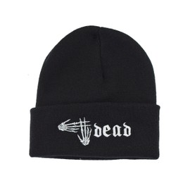 Nostalgic Clothing Hashtag Dead Skeleton Hand Embroidered Slogan Knitted Beanie Hat Black