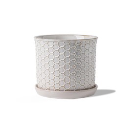 Chubacoo 5.8 Inch Plant Pot: Ceramic Planter with Drainage Hole & Saucer - Flowerpot for Indoor & Outdoor Plants with Separate Tray for Home & Office - Honeycomb Design, Cream White