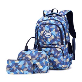 Geometric-Print Backpack and Lunch-Bag Set for Girls-Boys Middle-School Elementary Bookbags, 3Pcs School Bag with Lunch Bag Pencil Case