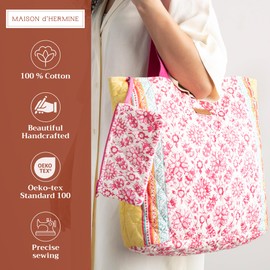 Maison d' Hermine Shopping Bag Cotton Quilted Tote Bag with Zipper Pockets & Small Pouch Shoulder Grocery Bag for Mothers Day Gifts Work Beach Lunch Perfect for Men Women (Katmandou - Fushia)
