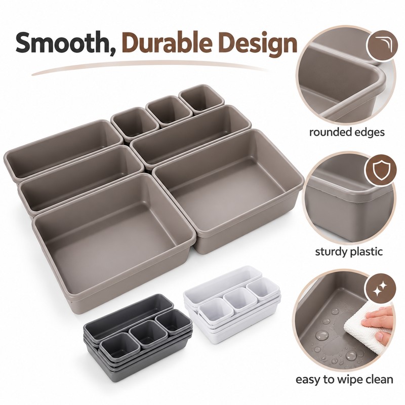 8-Piece Adjustable Drawer Organizer Set, Plastic Storage Trays for Makeup,