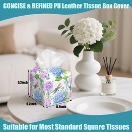 Watercolor Hydrangeas Flowers Leather Tissue Holder,Vintage Dragonflies Square Tissue Box Cover,Modern Decorative Facial Tissue Paper Cover for Car Bedroom Nightstand Vanity Office,5.2" x 5.2" x 5.2"