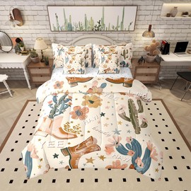 Manfei 7pcs Cowgirl Comforter Set Full Size, Country Western Cowboy Boots Bedding Set with Sheets for Kids Girls Teens Room Decor, Wild West Cactus Flower Bed in a Bag Cute Cartoon Brown Bed Set