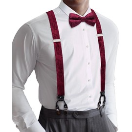 YOHOWA Mens Suspenders Set 6 Clips Strength Adjustable Y-Back Burgundy Braces Pre-Tied Bow Tie Formal Wedding Party