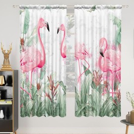 Renaiss 42 x 63 Inch Flamingo Curtains for Living Room Bedroom Tropical Plant Green Leaf Rod Pocket Linen Curtain Banana Nature Botanical Window Treatment Light Filter Home Decor Drapes 2 Panels