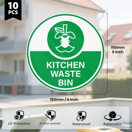 YIKIADA 10 Pack Kitchen Waste Bin Sign 6 × 6 Inches Vinyl Waterproof UV Resistant Self Adhesive Sticker Fade Resistant Signage for Home Restaurant Office Shop Trash Cans