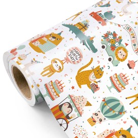 WRAPAHOLIC Birthday Wrapping Paper Roll - Mini Roll - 17 Inch x 33 Feet - Adorable Animal Party, Perfect for Birthday, Party, Holiday