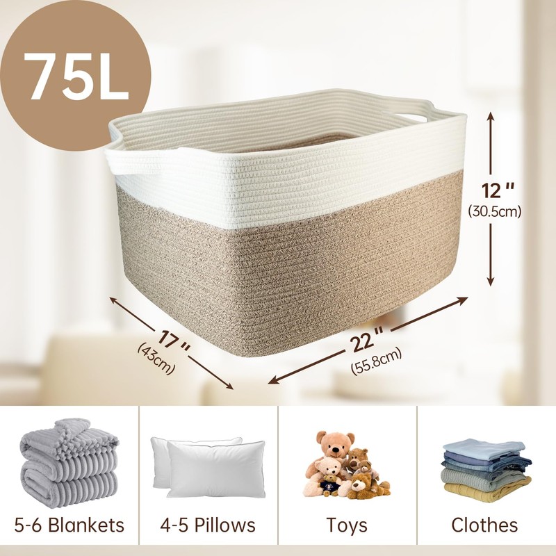 75L Large Cotton Rope Basket 22" x 17" x 12",Large