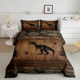 Manfei Dinosaur Kids Comforter Set Queen Size, Wild Animal Bedding Set for Boys Adults Bedroom Decor, Rustic Farmhouse Brown Wooden Plank Down Comforter, Soft Polyester Quilt Set, 2 Pillowcases