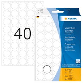 HERMA 2257 Verschlussetiketten transparent rund, 640 Stück, Ø 19 mm, 40 pro Bogen, selbstklebend, Sicherheitsetiketten Aufkleber zum Beschriften, matt, blanko Siegel Etiketten aus Folie