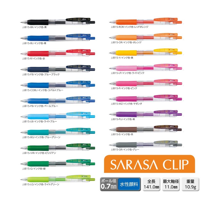 Zebra Sarasa Clip 0.03 inch (0.7 mm), 20 Colors, All